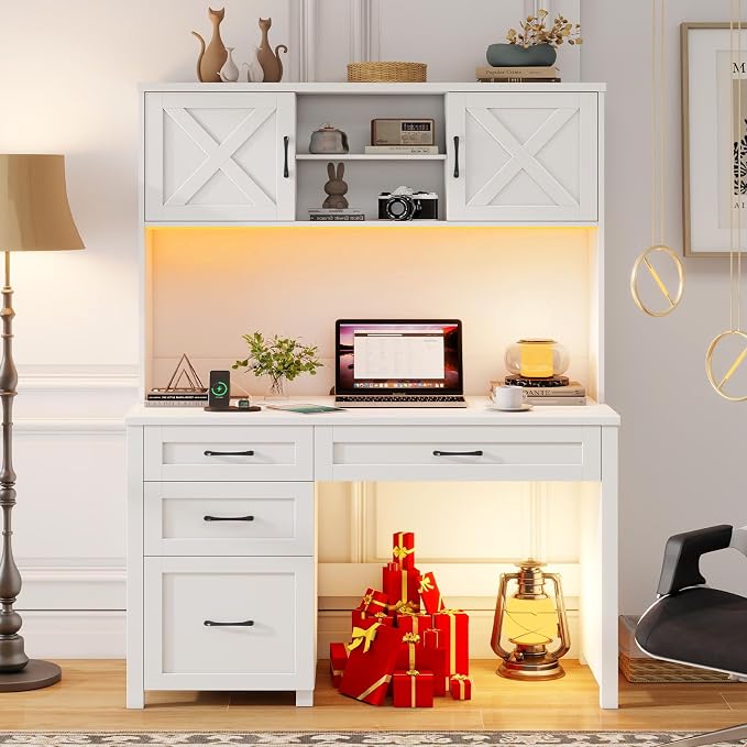 Vabches Farmhouse 67" H Executive Desk with Hutch,Office Desk with 4 Drawers and LED Light, Wood Workstation for Home Office and Study, Computer Desk with File Drawers, Charging Station.Cream White