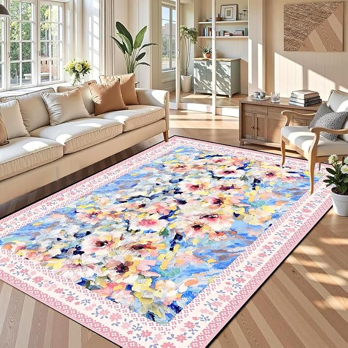 Floral Oil Painting Area Rug Watercolor Flower Print Rugs for Entryway Bedroom Living Room Nursery Kitchen Playroom Home Decor Washable Low Pile Floor Mat Carpet,6'x9'