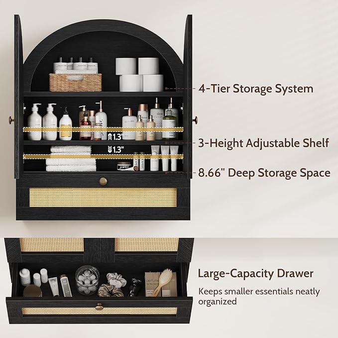 Arched Bathroom Wall Cabinet, Rattan Medicine Cabinet with Drawer, Wall Mounted Hanging Above Toilet Storage Cabinet, Black 4-Tier Small Over The Toilet Storage Cabinet with Door for Kitchen, Laundry