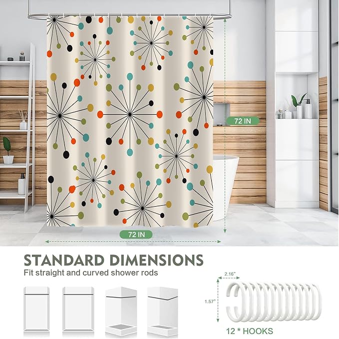 Vintage Mid Century Modern Geometric Shower Curtain，Retro Abstract 1950s 1960s Style Art Bathroom Decoration，Polyester Fabric Waterproof Bath Curtain 72x72 Inch with 12 Hooks