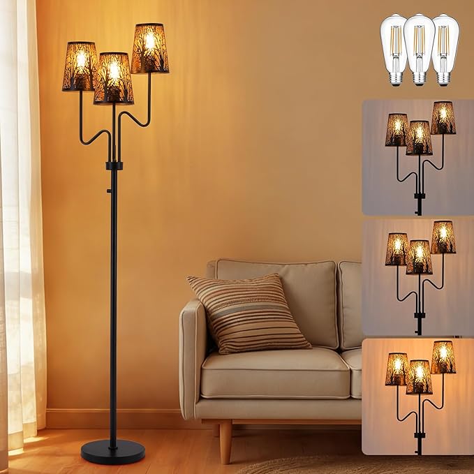9MMML 3-Light Black Dimmable Floor Lamp for Living Room Bedroom 68'' Tall Standing Lamp with Metal Hollow Shades, 3 x E26 LED Bulb Included