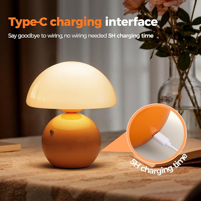 NIORSUN Mushroom Lamp Table Lamp for Bedroom, Portables Cordless Table Lamps Set of 2,Wireless lamp,Bedside Tables Touch for Living Room,Mini Mushroom 5200mAh Battery Operated Lamps Modern Orange