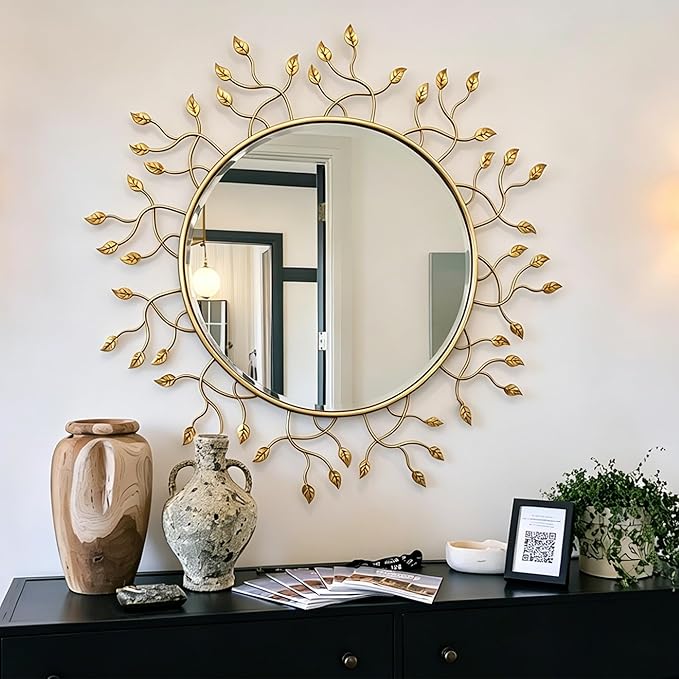 Chende 39" x 39" Gold Decorative Wall Mirror, Large Round Mirror with Metal Leaves, Gold Frame for Living Room, Entrance, Dining Room, Bedroom