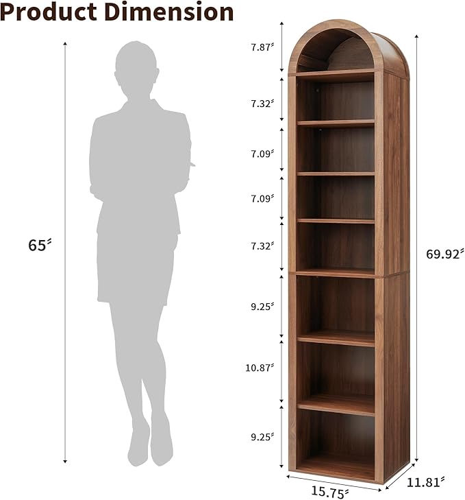 Tall Narrow Arched Bookshelf, 8-Tier Skinny Arch Bookcase for Small Space, Freestanding Storage Organizer with Adjustable Shelves, Open Display Shelves for Living Room, Entryway (Walnut)