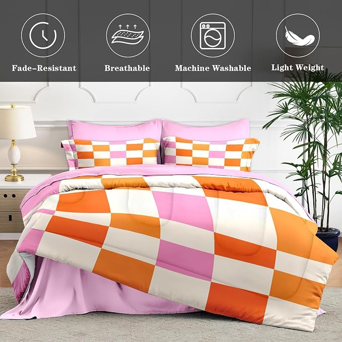 7Pcs Comforter Set Full Size, Pink Orange Plaid Buffalo Checkered, Bed Decor Hippie Retro 70s Geometric Checkerboard Grid Bedroom Bedding Flat Sheet Fitted Sheet Pillowcases Kids and Adults