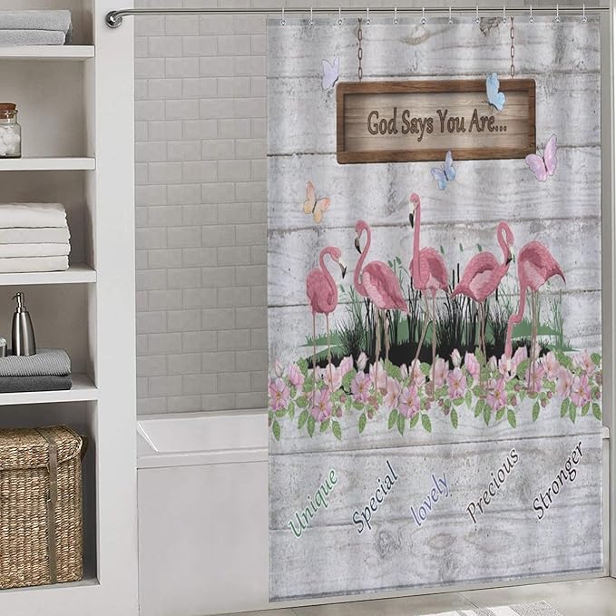 Flamingo Shower Curtain,Summer Beach Tropical Leaves Butterflys Floral with Inspirational Quotes Waterproof Shower Curtains for Bathroom Decor 12 Pack Hooks 55x72in（140x183cm）