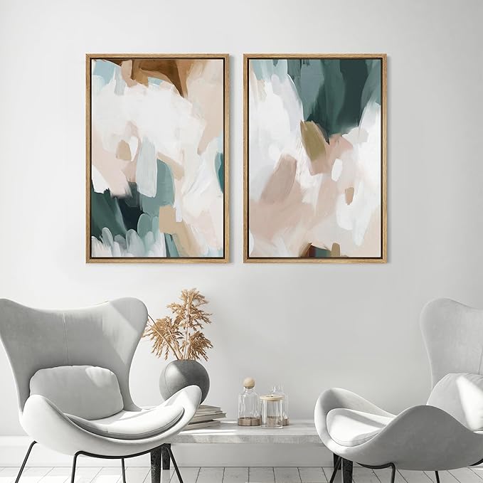 MUDECOR Framed Canvas Print Wall Art Watercolor Pastel White Blue Pattern Abstract Illustrations Modern Art Decorative Bohemian Colorful Chic for Living Room, Bedroom, Office - 24"x36"x2 Natural