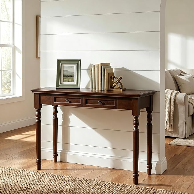 ADORZ Narrow Writing Desk with Drawers, 47 Inch French Country Solid Wood Desk for Home Office, Study Workspace or Bedroom, Walnut