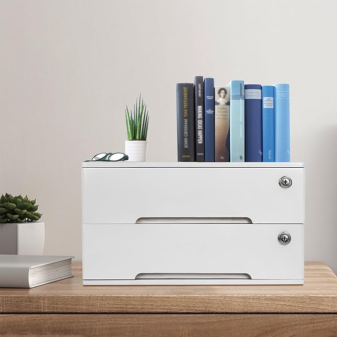 Desktop File Organizer with Lock, 2/3/4 Tier Multi-Drawer Wooden Storage Cabinet, Office Supply Organizer for Home Desk, Study & Workplace (White, 2 Layers)