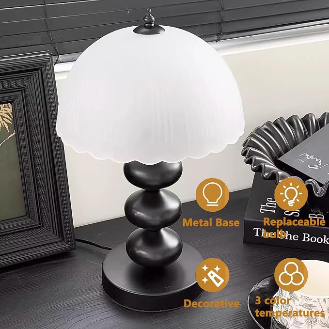 14" Metal Desk Lamp Vintage Frosted Glass Table Lamp,Mid Century Black Glass Flower Table Lamp with 3 Color Temps,for Bedroom, Study, Living Room