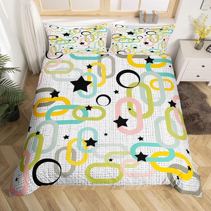 Erosebridal Boho Mid Century Comforter Cover Full Modern Abstract Geometric Bedding Set Retro Vintage Artistic Aesthetic Duvet Cover for Kids Girls Boys Adults Atomic Minimalism Bed Set
