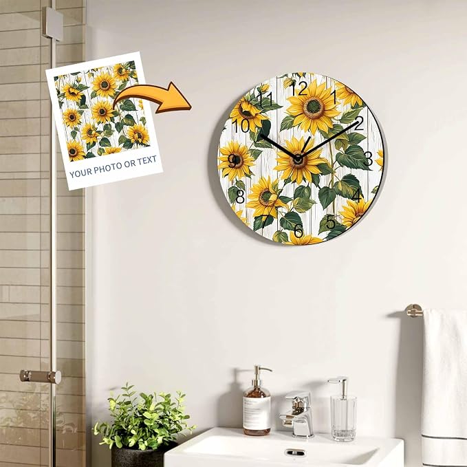 Sunflower Wall Clock Battery Operated Non-Ticking 10" Round Wood Clocks, Vintage Style Yellow Floral Grey Wood Grain Kitchen Wall Clock for School Bathroom Living Room Home Office Wall Decor
