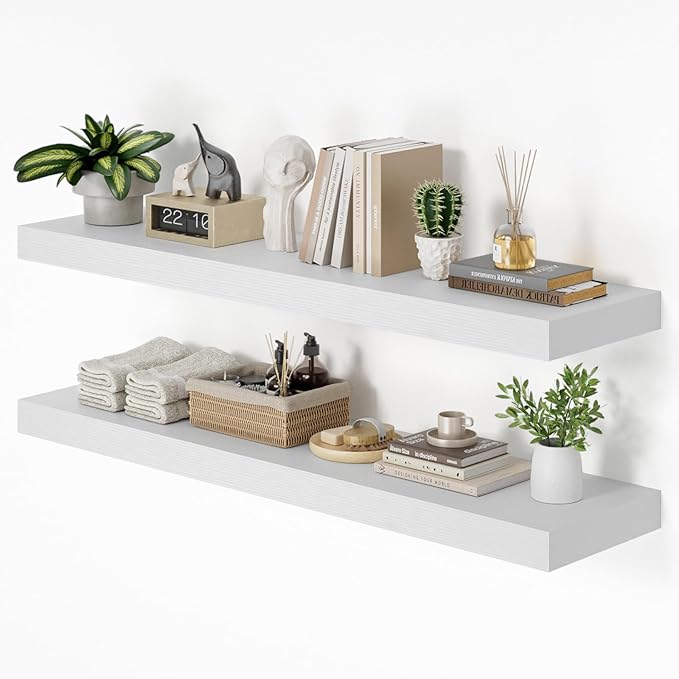 Heimlove 12" Deep Floating Shelves for Wall, 48W x 12D Inch Shelf Bathroom Shelves Set of 2, Mounted Shelves for Books Living Room Laundry Room Bedroom Kitchen Home Office, White
