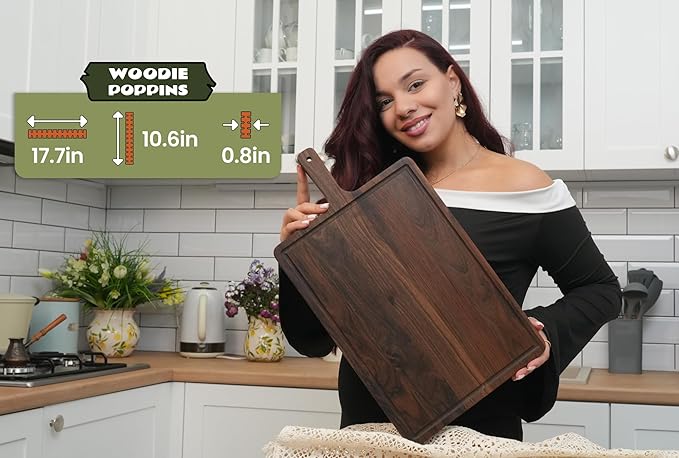 Premium American Dark Walnut Wood Cutting and Serving Board with Handle - Charcuterie Wooden Board - Durable, Stylish, and Versatile - Juice Groove - 19x11x0.8 in - Woodie Poppins (Large)