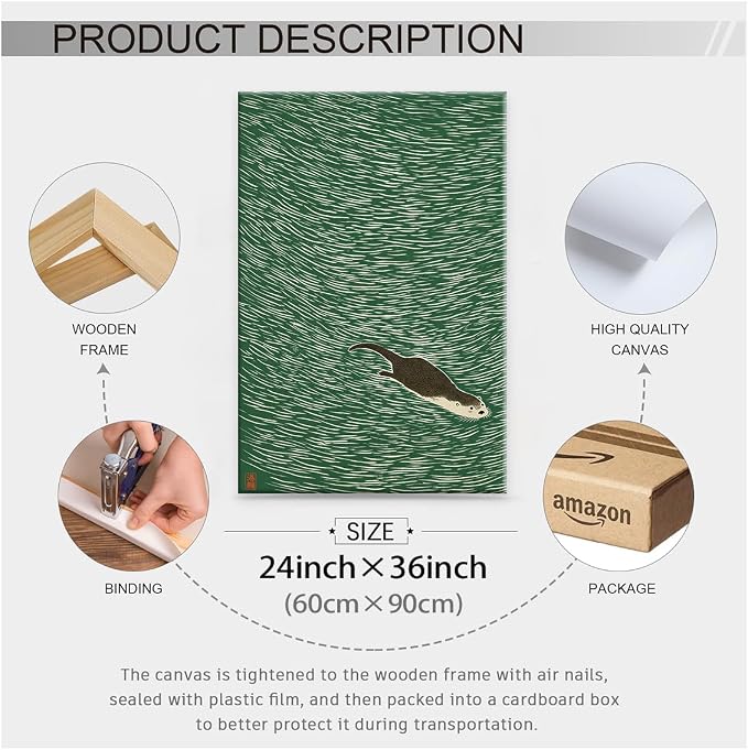 Wrapped Framed Japanese Otter Swimming Poster Funny Nature Wild Animal Pictures Retro Minimal Green Water Canvas Wall Art for Living Room Bedroom Bathroom 24x36 inch