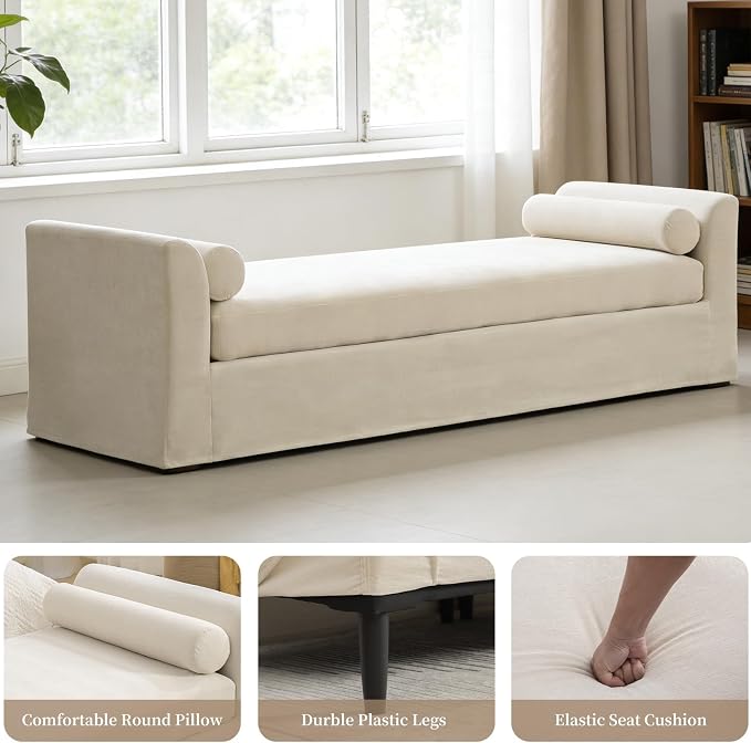 Chifee & Vingol Oversized Chaise Lounge Indoor 88" W Extra-Long End of Bed Bench Upholstered Modern Dining Benches with Removable Pillows for Living Room Bedroom,Beige