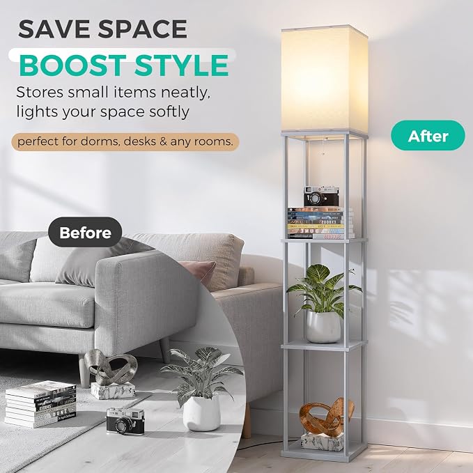 FOLKSMATE Floor Lamp with Shelves, 3-Tier Modern Square Bookshelf Floor Lamp, 3 Color Temperature Bulb Included, Floor Lamps for Living Room Bedroom Corner - Grey