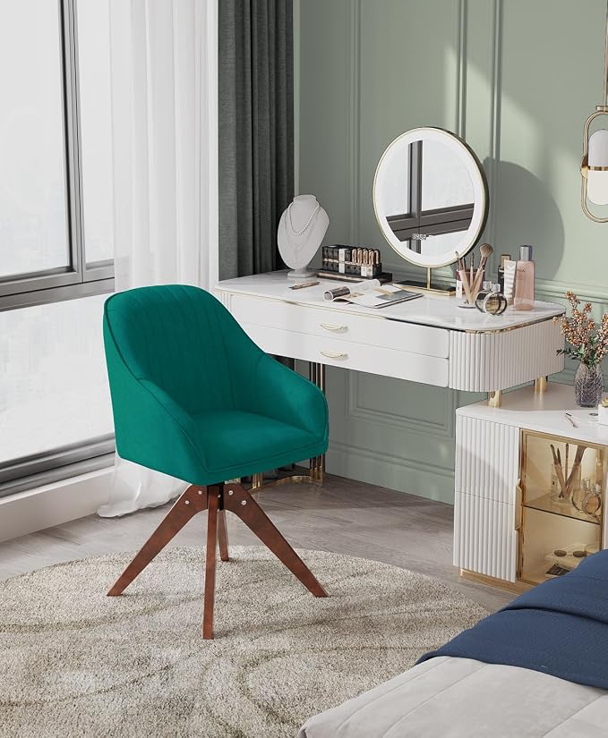 OS MOTOR Modern Swivel Accent Chair with Arms, Upholstered Desk Chair No Wheels, Mid-Century Fabric Armchair with Oak Wood Legs for Home Office, Bedroom, Vanity, Green