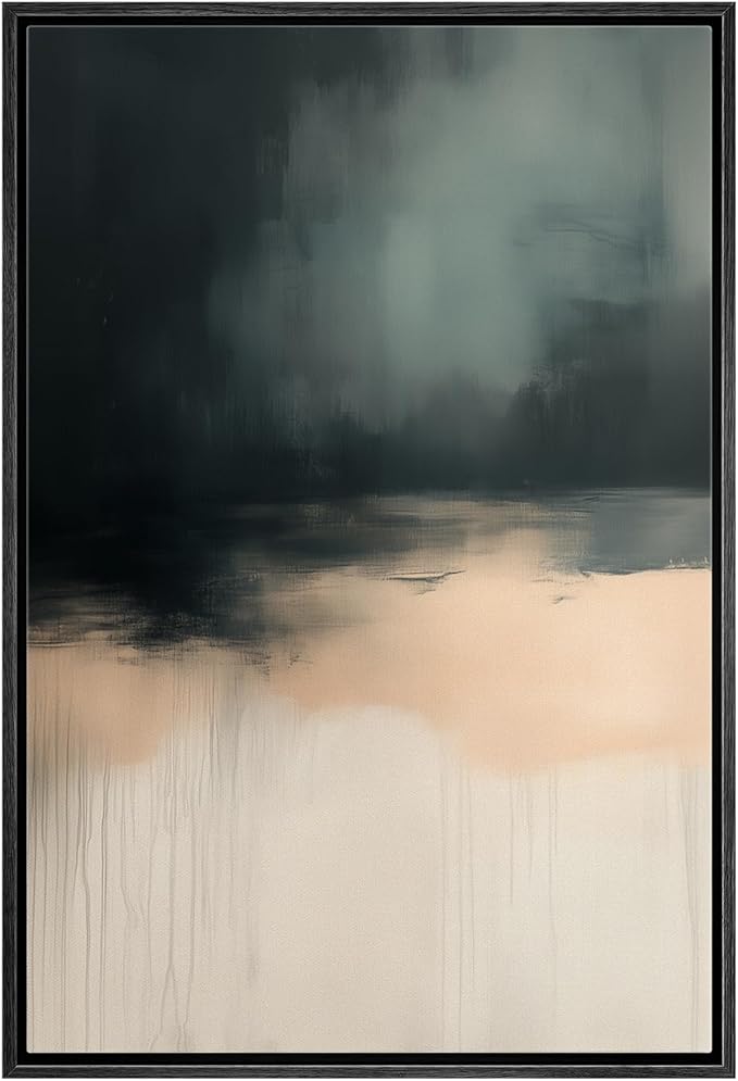 MUDECOR Framed Canvas Print Wall Art Dark Teal and Beige Drip Abstract Contemporary Gradient Illustrations Fine Art Decorative Zen Multicolor Country/Farmhouse Retro for Bedroom - 16"x24" BLACK