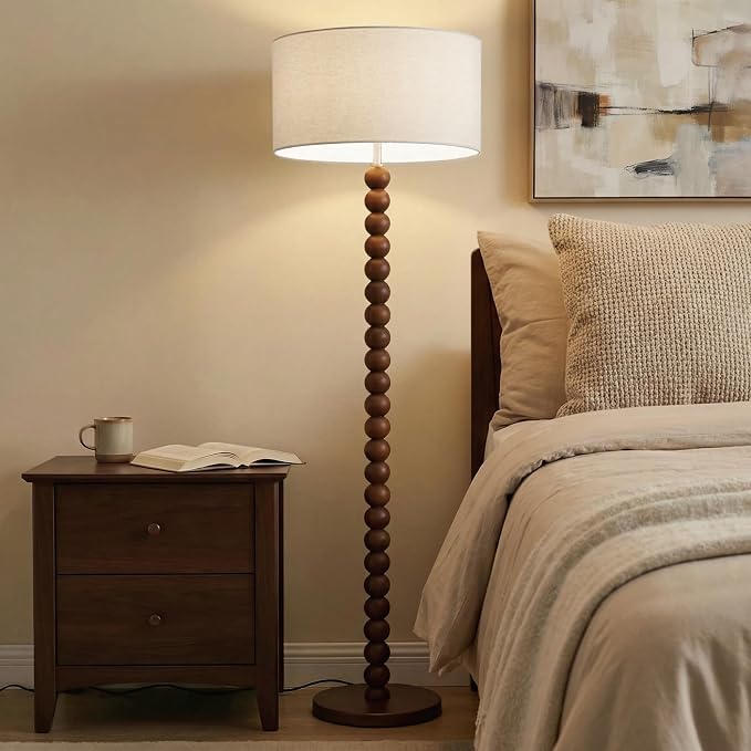 Buruis 61" Beaded Wood Floor Lamp with 17.2" Large Linen Shade, Retro Mid-Century Accent Walnut Finish Standing Lamp for Living Room, Bedroom, Office, Corner, UL Listed, Bulb Not Included, Cream