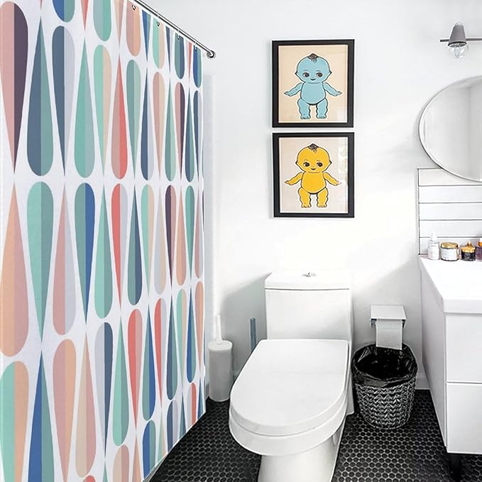 Mid Century Shower Curtain, Modern Abstract Geometric Pattern Vintage Retro 1950s 1960s Geo Pattern Art Pastel Waterproof Fabric Bathroom Shower Curtain Set with Hooks, 72"x84" Inch