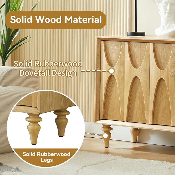 LKTART 62.99" Sideboard Buffet Cabinet with Storage, Solid Wood Kitchen Storage Cabinet Credenza Accent Console Table with Solid Wood Roman Legs Dovetail Door Trim Panel Ash Veneer,Natural Oak