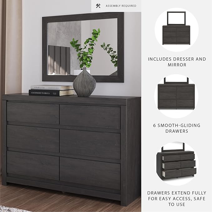 Signature Design by Ashley Parlayon Modern 6-Drawer Dresser and Mirror with Anti-Tipping Restraint, Black