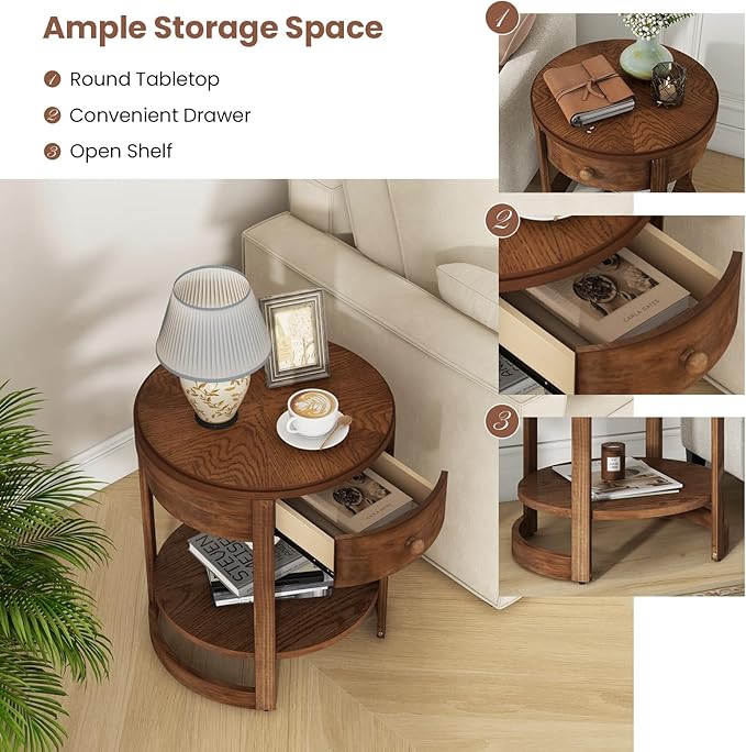 Giantex Round Side Table, 2-Tier Retro End Table with Drawer & Shelf, Wooden Accent Table with Antique Wood Grain Finish, Vintage Nightstand for Living Room Bedroom, Walnut