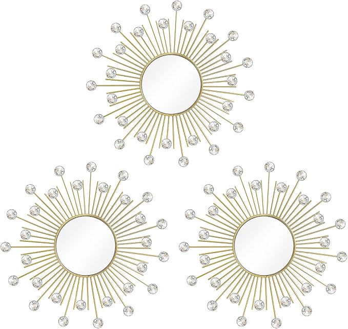 3 Pack Metal Mirrors for Wall Sunburst Wall Mirrors Home Décor Decorative Hanging Wall Art for Living Room Bedroom Entryway (Gold2 Crystal, Sunburst)