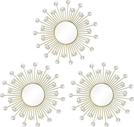 3 Pack Metal Mirrors for Wall Sunburst Wall Mirrors Home Décor Decorative Hanging Wall Art for Living Room Bedroom Entryway (Gold2 Crystal, Sunburst)