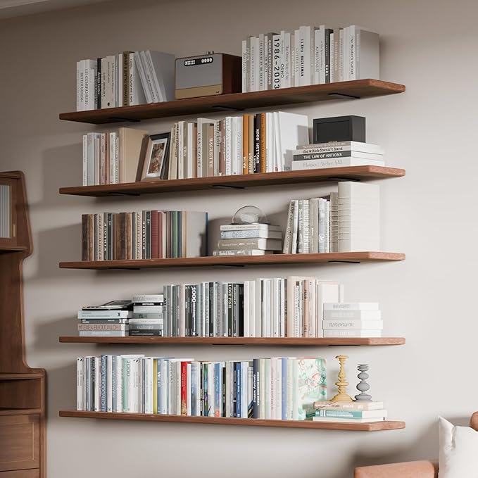 5 Tier Book Shelf,Long Floating Shelf for Wall 60 inch,Rustic Bookcase Long Shelves,Wall Mounted Bookshelf for Living Room