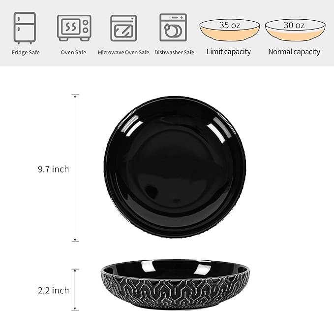 Sureasy 9.7" Pasta Bowls Set of 4-42 oz Large Salad Bowls for Kitchen, Embossed Ceramic Serving Bowls for Fruits, Soup, Pasta and Salad, Microwave & Dishwasher Safe, Black