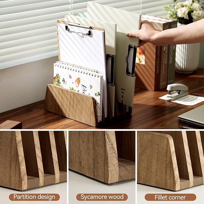 KIRIGEN Wooden Desk Mail Organizer, 5-Slot File Holder and Letter Sorter for Mail, Folders, Bills, Papers, Notebooks, Home Office, Classroom, Countertop, No Assembly, Brown 5KWJJ-DBR
