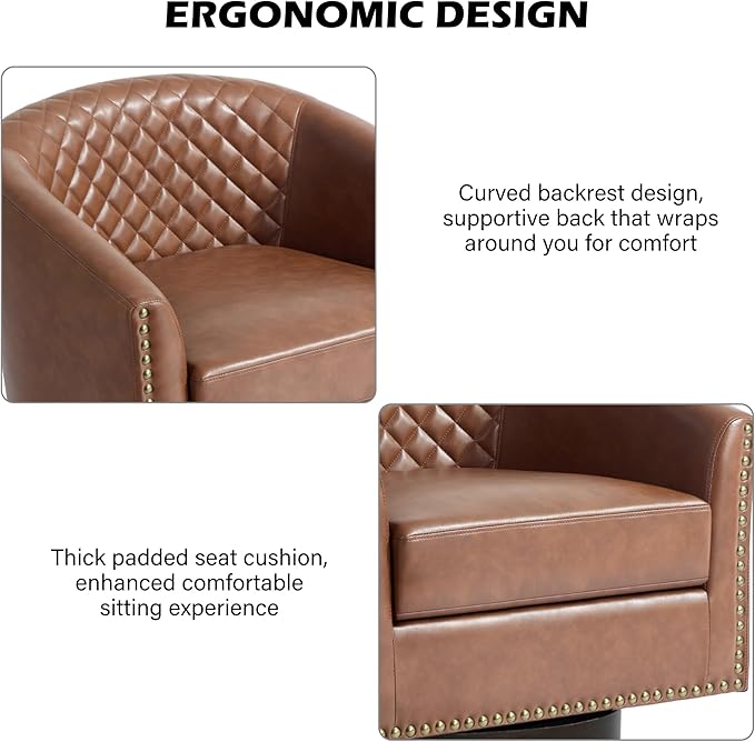 Swivel Barrel Accent Chair Set of 2, Comfy Modern Upholstered Round Faux Leather Arm Chair for Living Room, Bedroom, Brown