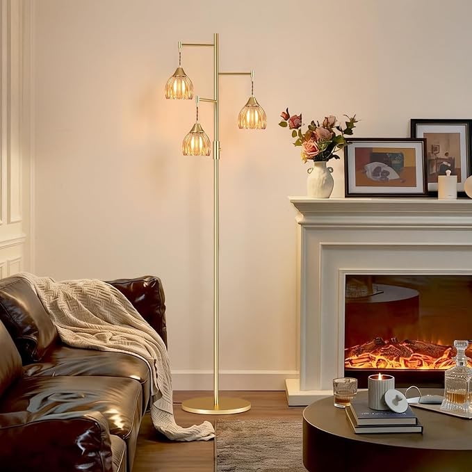 Shenmoyl Stepless Dimming Floor Lamps for Living Room, Bedroom, Gold Standing Lamp with 3pcs 6W Bulbs, Vintage Brass Floor Lamp for Corner, Nursery (Amber Tulip)