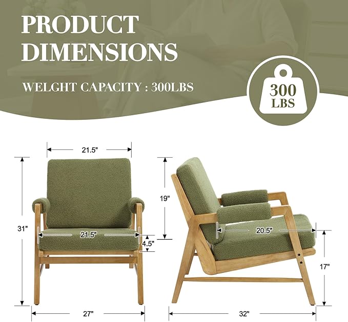 CIMOTA Mid Century Modern Accent Chair, Boucle Upholstered Living Room Chairs with Arms, Comfy Reading Chair with Solid Wood Frame, High Back for Bedroom, Waiting Room, Office, Green