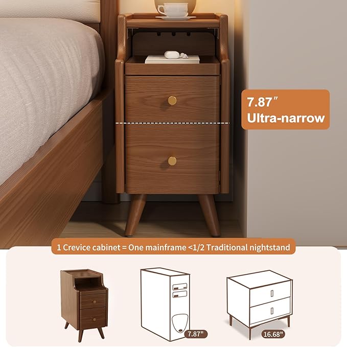 AQIMUELE Small Nightstand with Drawers, Solid Wood Bedside Table, Narrow Walnut Nightstand for Bedroom