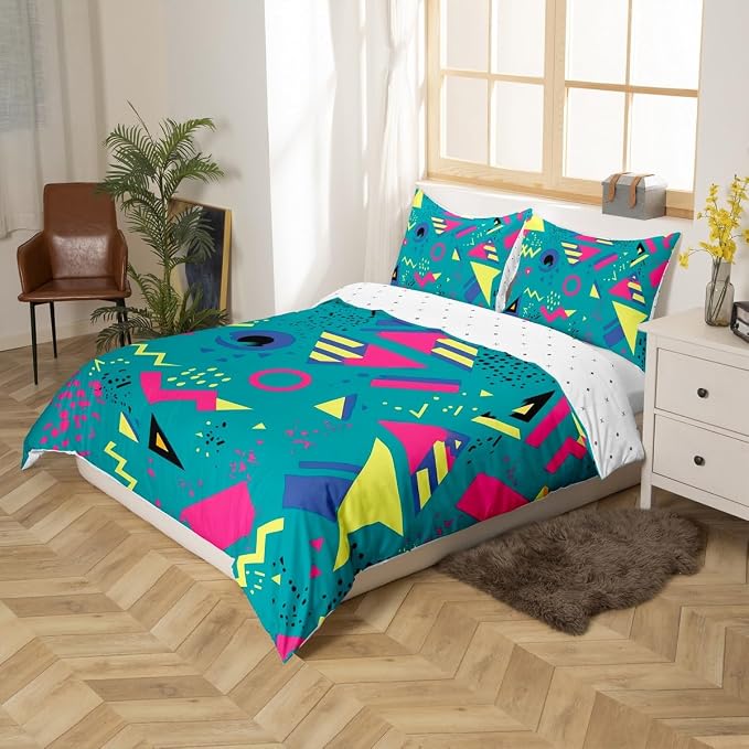 80s 90S Fashion Style Bedding Set Queen Size,Retro Memphis Style Pattern with Geometrical Shapes Duvet Cover for Kids Child,Funky Hipster Old Fashioned Comforter Cover Geometric Bedroom Decor