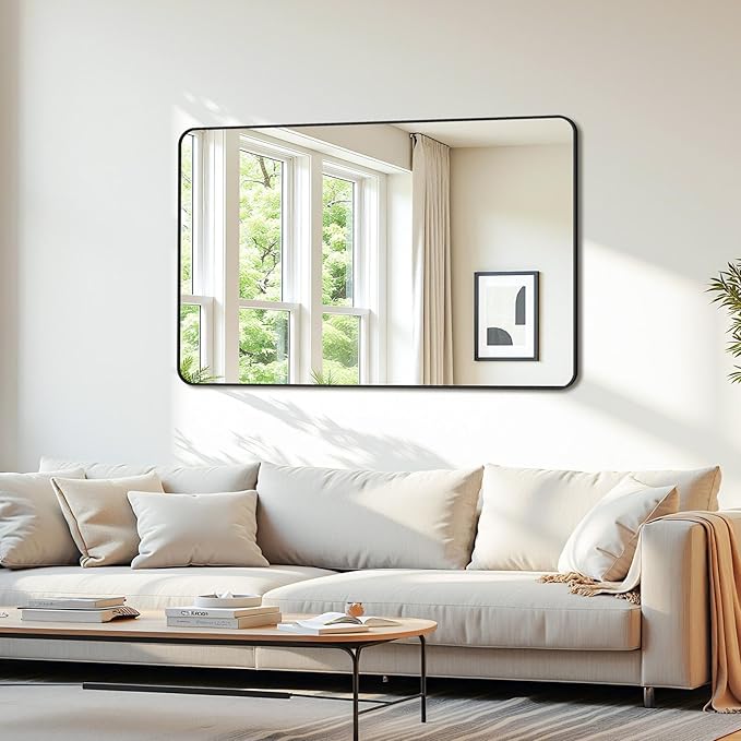 Bathroom Mirrors for Over Sink 48" x 30", Black Metal Frame Rounded Corner Rectangle Wall Mirror, Modern Farmhouse Vanity Mirror(Horizontal/Vertical)