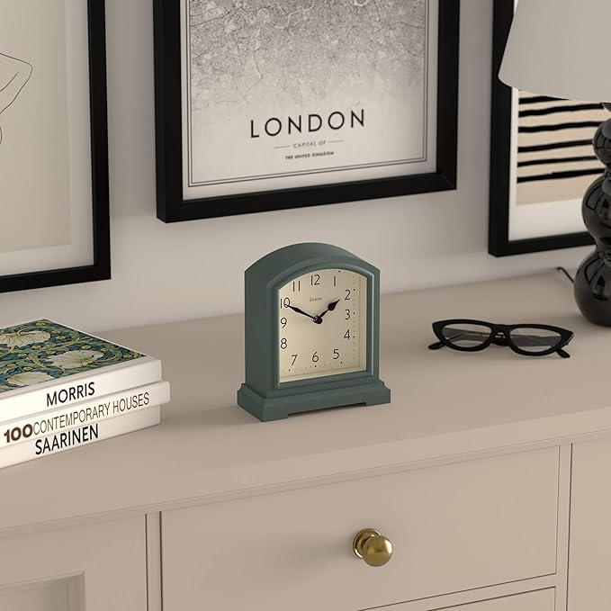 JONES CLOCKS® Tavern Mantel Clock | Modern Arch top Design | Asparagus Green | Contemporary Classic Style for Desk, Table, Shelf or Bedside
