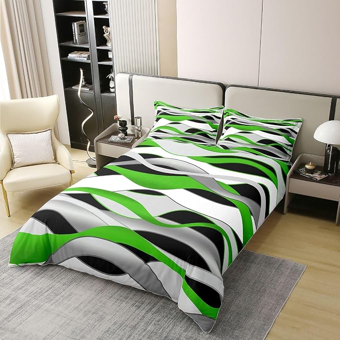 Erosebridal Geometric Stripes 100% Cotton Duvet Cover King Modern Abstract Boho Bedding Set for Kids Teens Adults Grey Black Green Comforter Cover Simple Spiral Lines Bed Set 3 Pcs