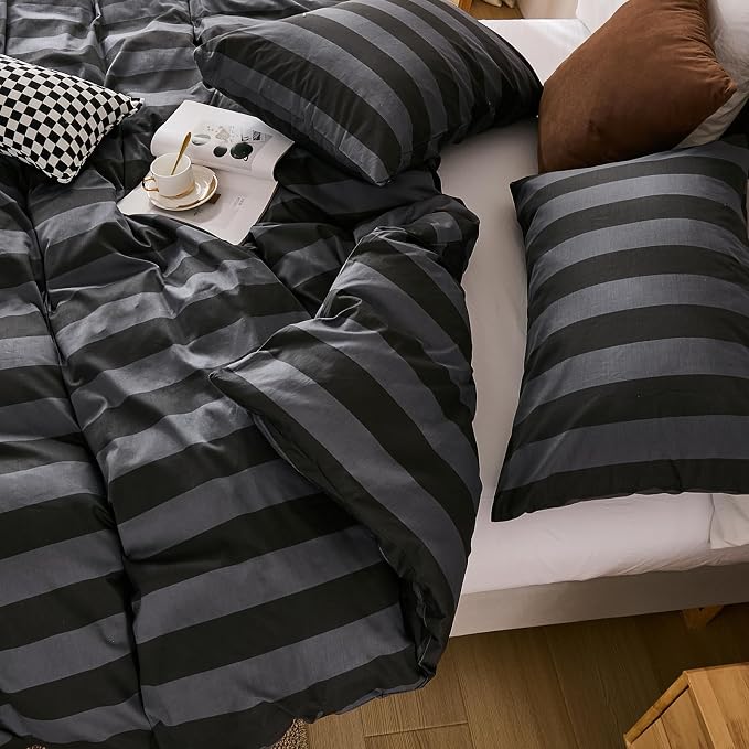 Merryword Black and Gray Striped Duvet Cover Set King Size - 100% Cotton Bedding Set with Zipper & Corner Ties, 3-Piece Luxury Linen Like Bedding Set for All Seasons