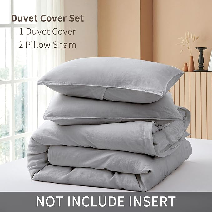 ATLINIA 100% Flax Linen Duvet Cover Set - Stone Washed Pure French Linen Organic Fabric for Farmhouse Comforter Boho Bedding Included 1 Duvet Cover 2 Pillow Shams(Light Grey, King)
