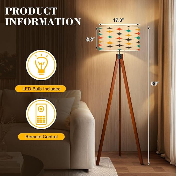 Wood Tripod Floor Lamp Mid Century Fifties Modern Stars Retro Colors Seamless Part Collection Mid Century Standing Lamp Linen Shade Dimmable Modern Tall lamp Home Decor for Living Room Bedroom Office
