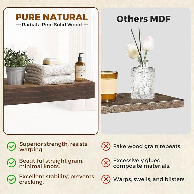 Floating Wall Shelf 16x6.8x1.7 Inch – Solid Wood Shelf in Walnut Finish – Wall Mounted Rustic Display Organizer for Bathroom, Kitchen, Bedroom, Small Spaces – Set of 2