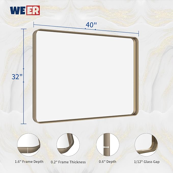 WEER Bronze Bathroom Wall Mirror, 40x32 Inch Oil Rubbed Bronze Vanity Mirror, Farmhouse Bronze Mirror with Aluminum Alloy Brushed Metal Frame, Tempered Glass, Anti-Rust (Horizontal/Vertical)