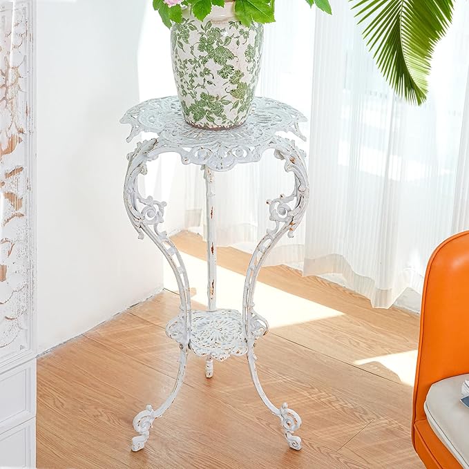 Sungmor Heavy-duty Cast Iron Plant Stand Patio Side Table, 15.3" Wide 27.5" Tall 2-layer Potted Pedestal, Vintage Rust White Planter Holder, Elegant Victorian Style Indoor Outdoor Decorative Pot Stand