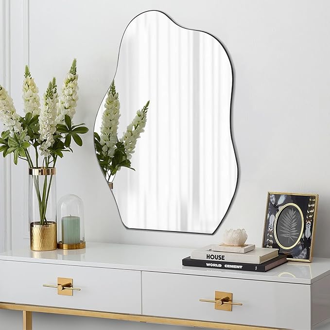 POZINO Irregular Mirror, 28"x20" Asymmetrical Wall Mirror, Modern Funky Shaped Mirrors, Abstract Frameless Mirrors for Wall Decor Living Room Bathroom Bedroom Entryway