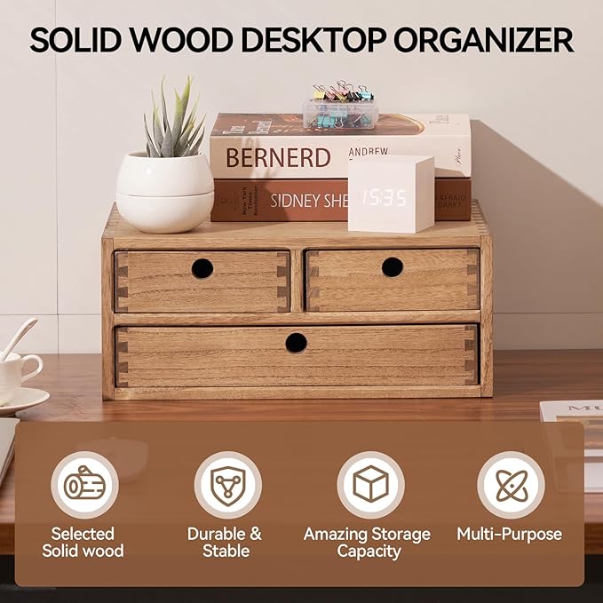KIRIGEN Solid Wood Desktop Organizer with 3 Drawers - Multi-Layer Office Supplies Storage Rack for Documents, Stationery, Jewelry - Natural Wooden Desk Shelf Organizer Brown WJG23-DBR