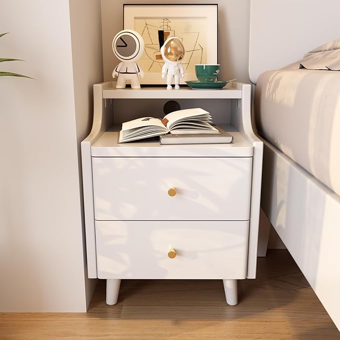 Narrow Nightstand with 2 Drawers,White Nightstand,Bedside Table,Solid Wood Modern Bedside Table for Bedroom,Study,Toilet